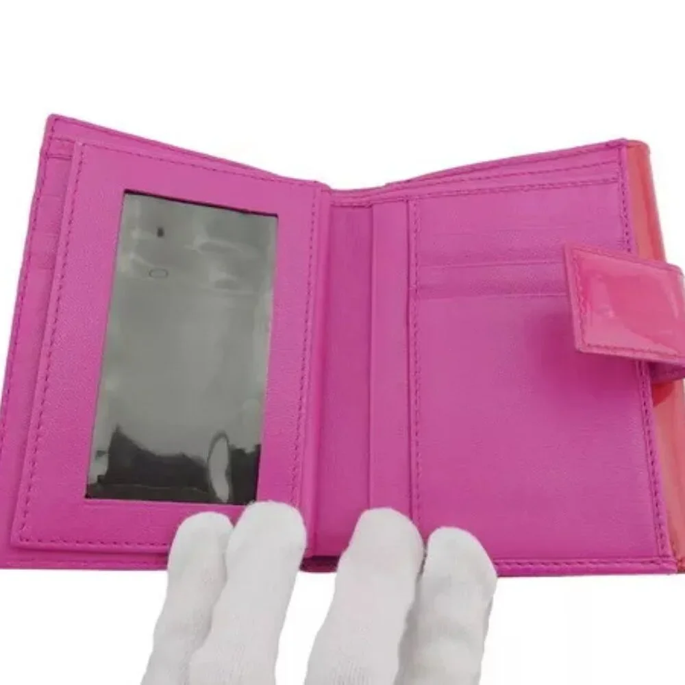 Dior W hook wallet D mark plate pink enamel leather Authentic Used